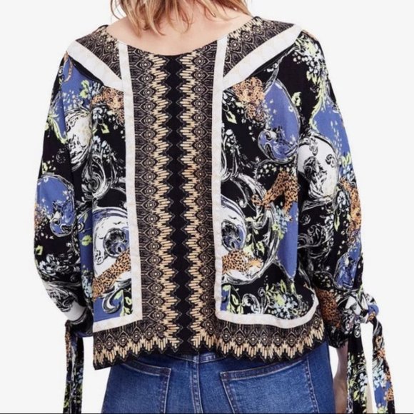 Free People Catch Me If You Can Tie Sleeve Multi Color Boho Top Small - Picture 2 of 11
